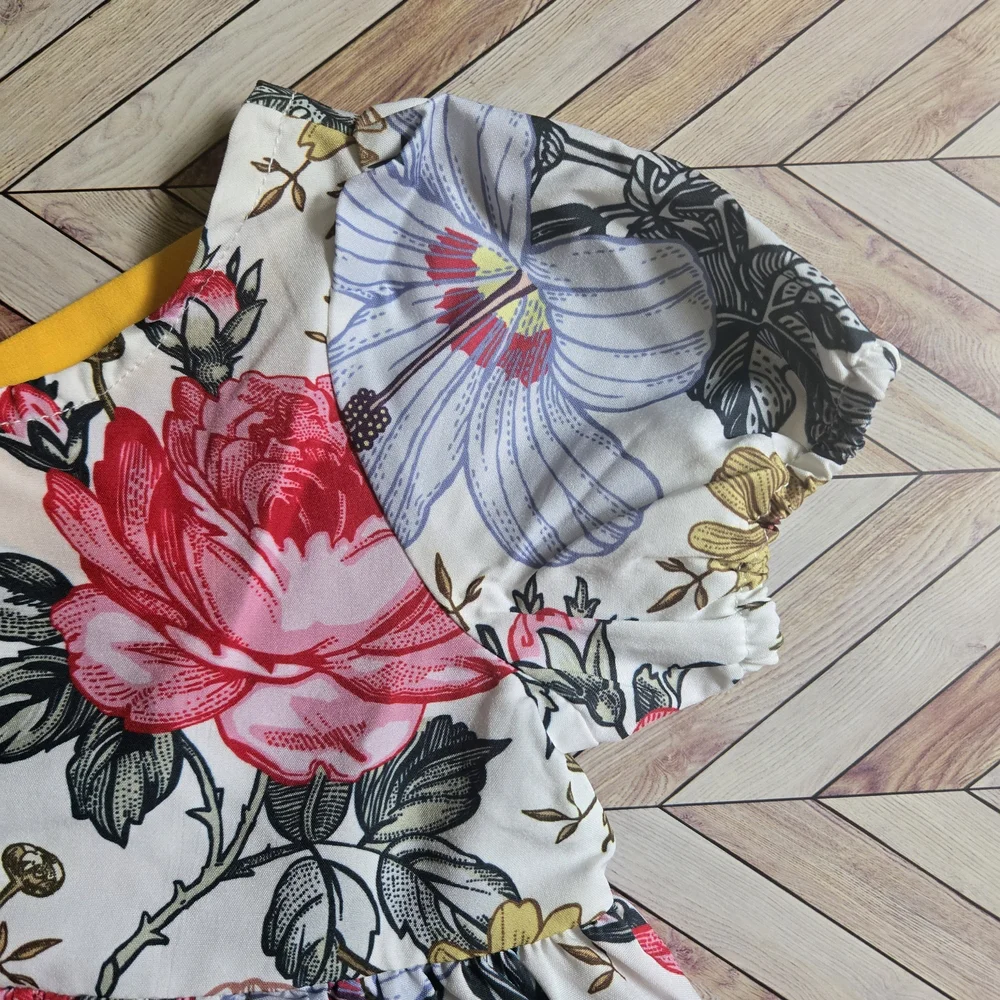 Vintage-Inspired Floral Girl's Dress Boho Garden Party Puff Sleeve Sundress 5-6Y